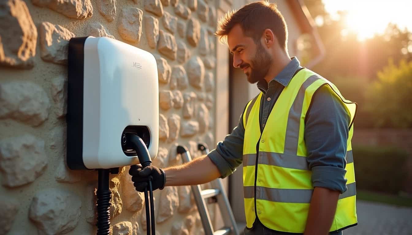 Électricien en train d'installer une borne de recharge murale sur un mur extérieur à Decize