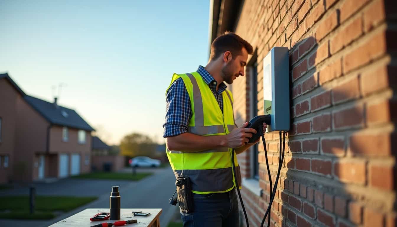 Électricien en train d’installer une borne de recharge murale sur un mur extérieur à Gambsheim