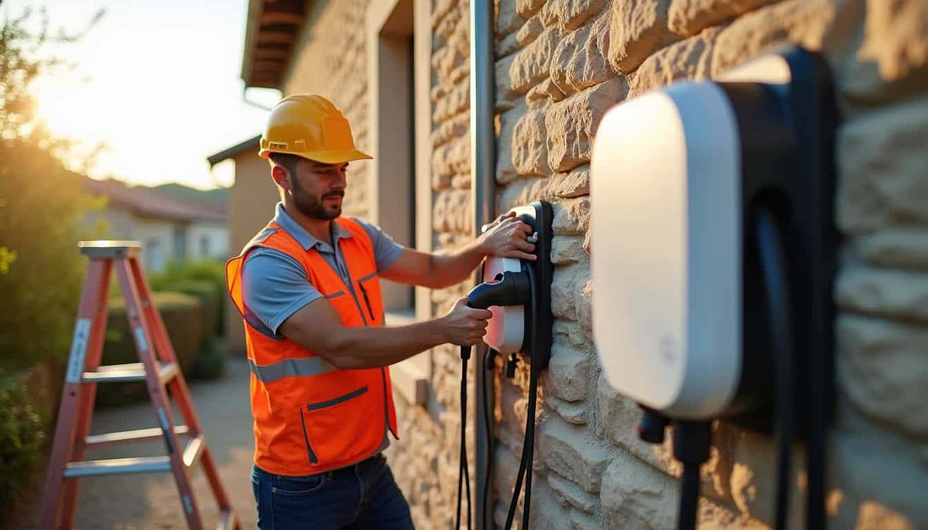 Électricien en train d'installer une borne de recharge murale sur un mur extérieur à Martignat