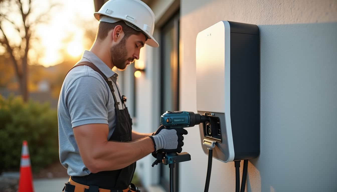 Électricien en train d'installer une borne de recharge murale sur un mur extérieur, avec outils et matériel de sécurité