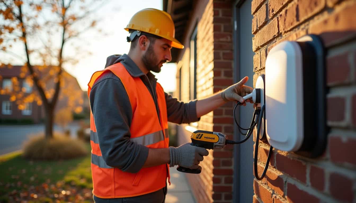 Électricien en train d'installer une borne de recharge murale sur un mur extérieur, outils à la main