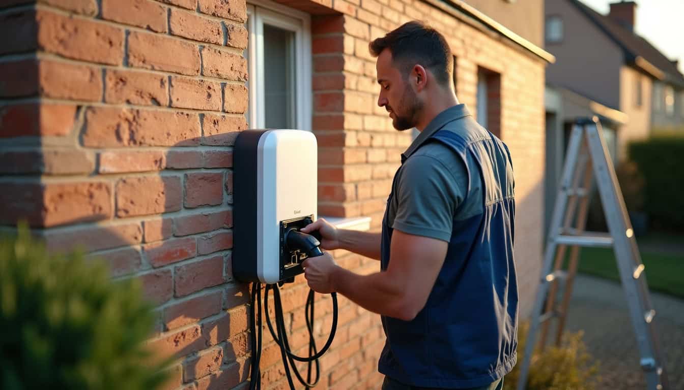Électricien en train d’installer une borne de recharge murale sur un mur extérieur
