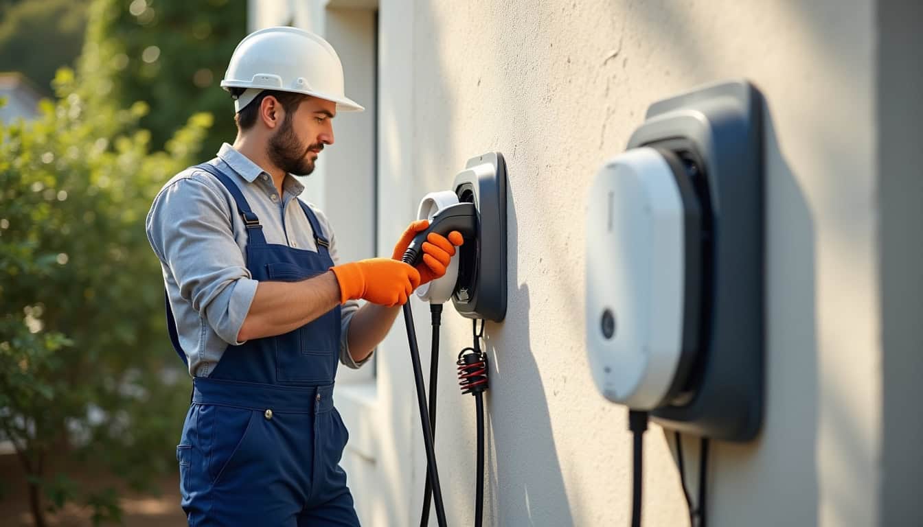 Électricien en train d'installer une borne de recharge murale sur un mur extérieur