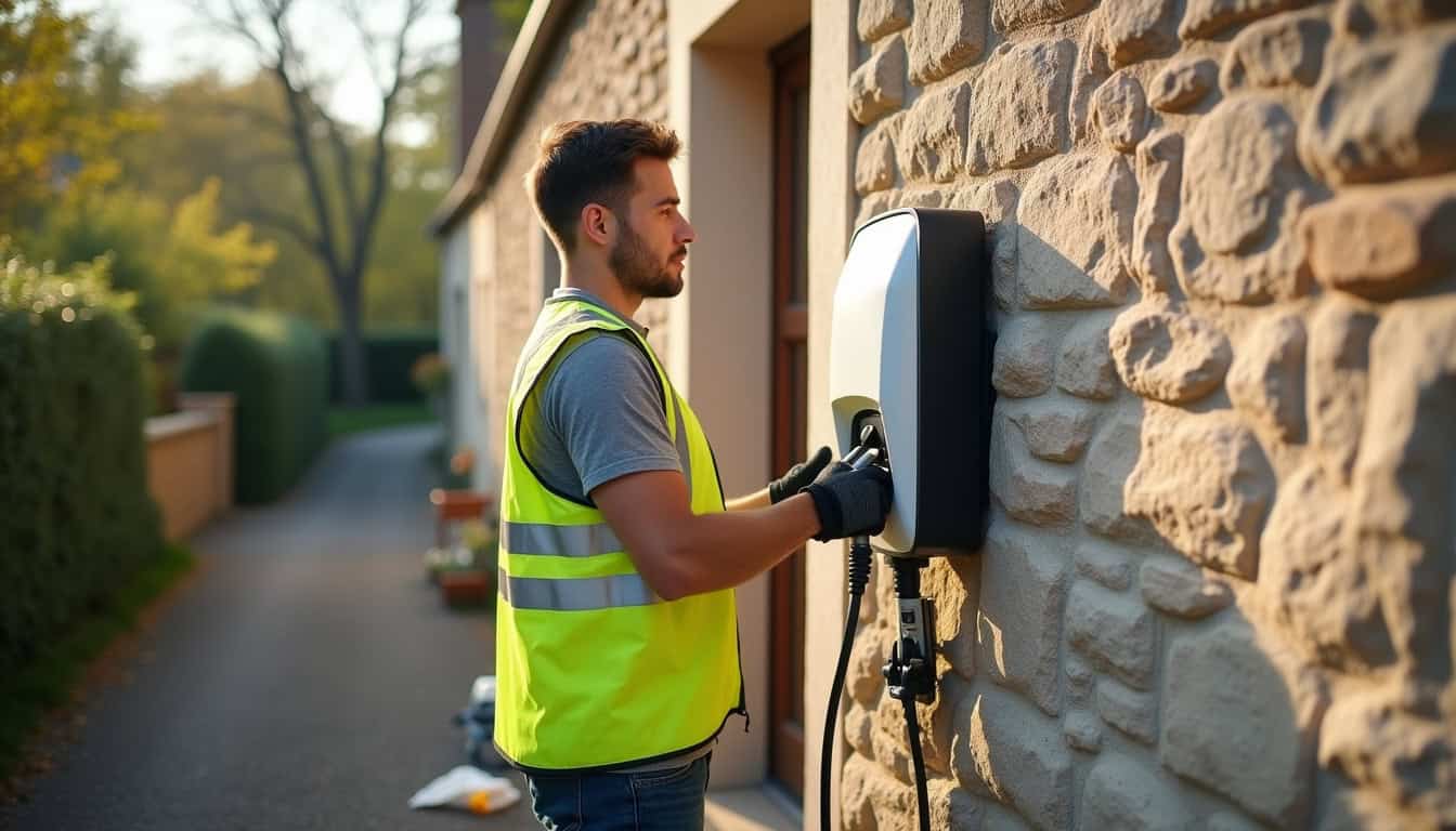 Électricien en train d'installer une borne de recharge murale sur un mur extérieur