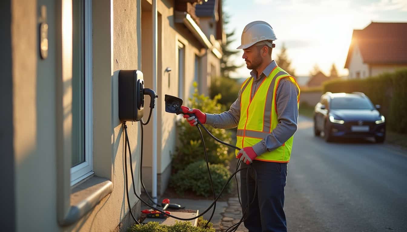 Électricien en train d’installer une borne de recharge pour un véhicule électrique à Saint-Clément-de-la-Place
