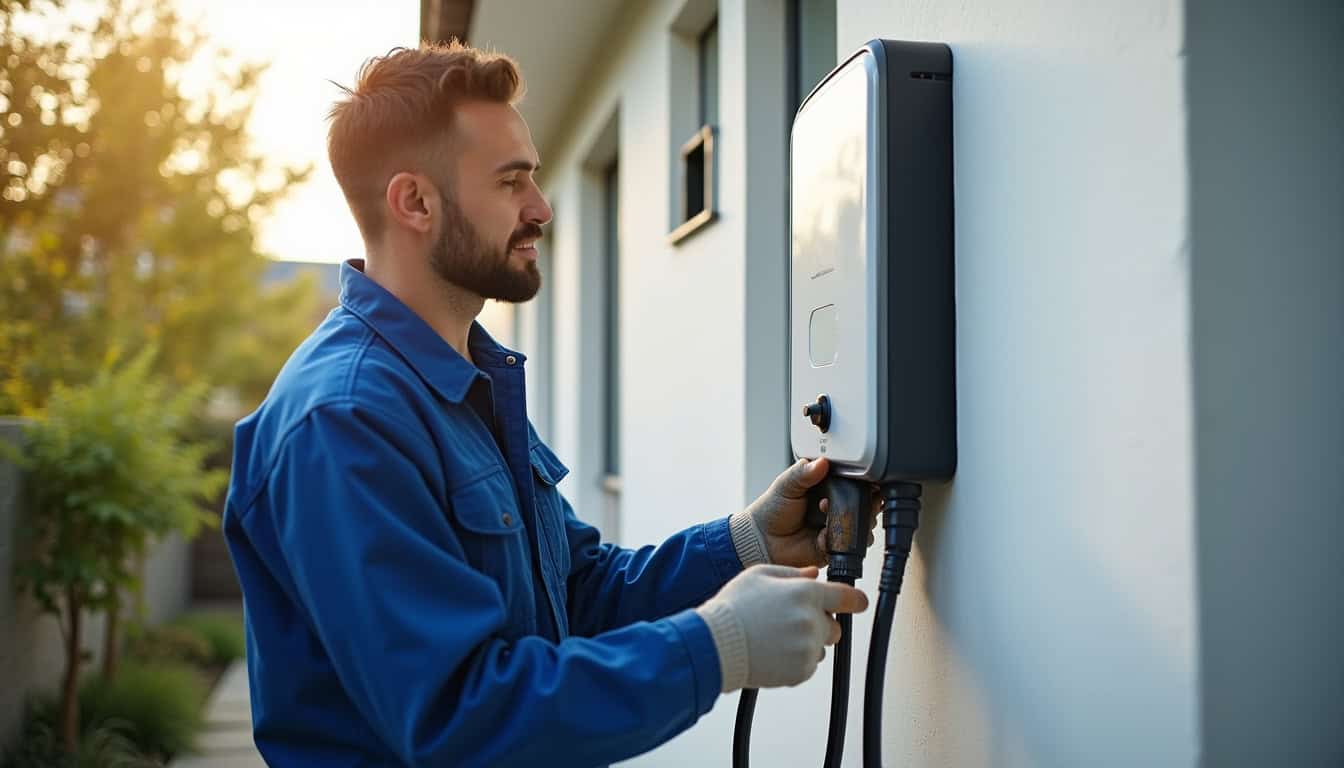 Électricien en train d’installer une borne de recharge pour véhicule électrique à domicile