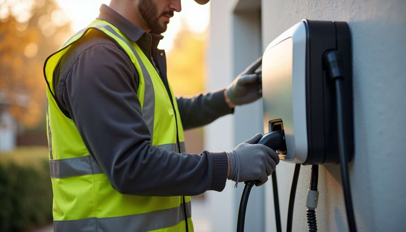 Électricien en train d'installer une borne de recharge pour véhicule électrique à Fresquiennes