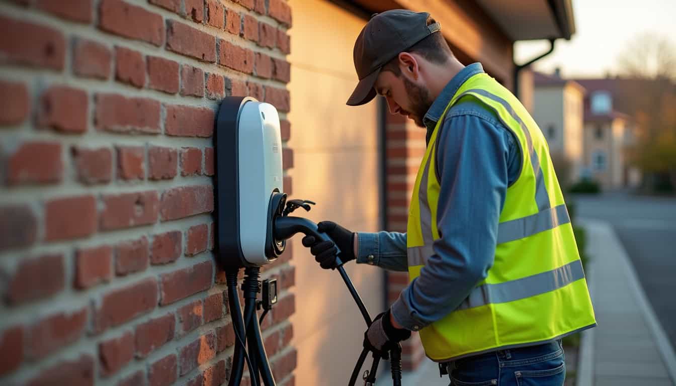 Électricien en train d’installer une borne de recharge pour véhicule électrique à Frévent