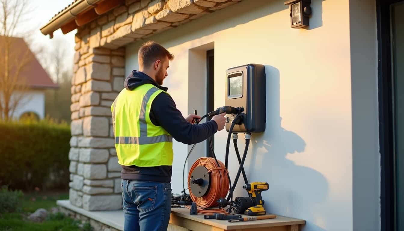 Électricien en train d'installer une borne de recharge pour véhicule électrique à La Roche-Blanche