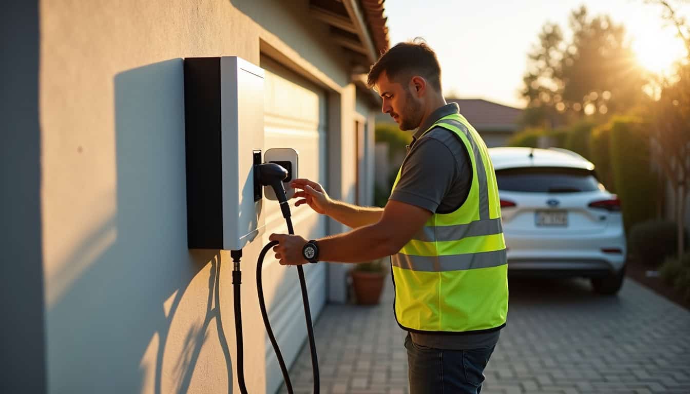 Électricien en train d'installer une borne de recharge pour véhicule électrique à La Saulce