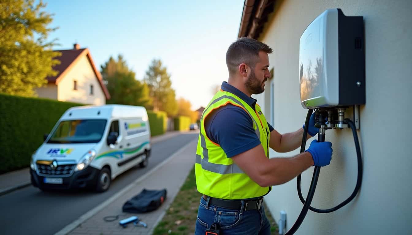 Électricien en train d’installer une borne de recharge pour véhicule électrique à Noyal-sur-Vilaine