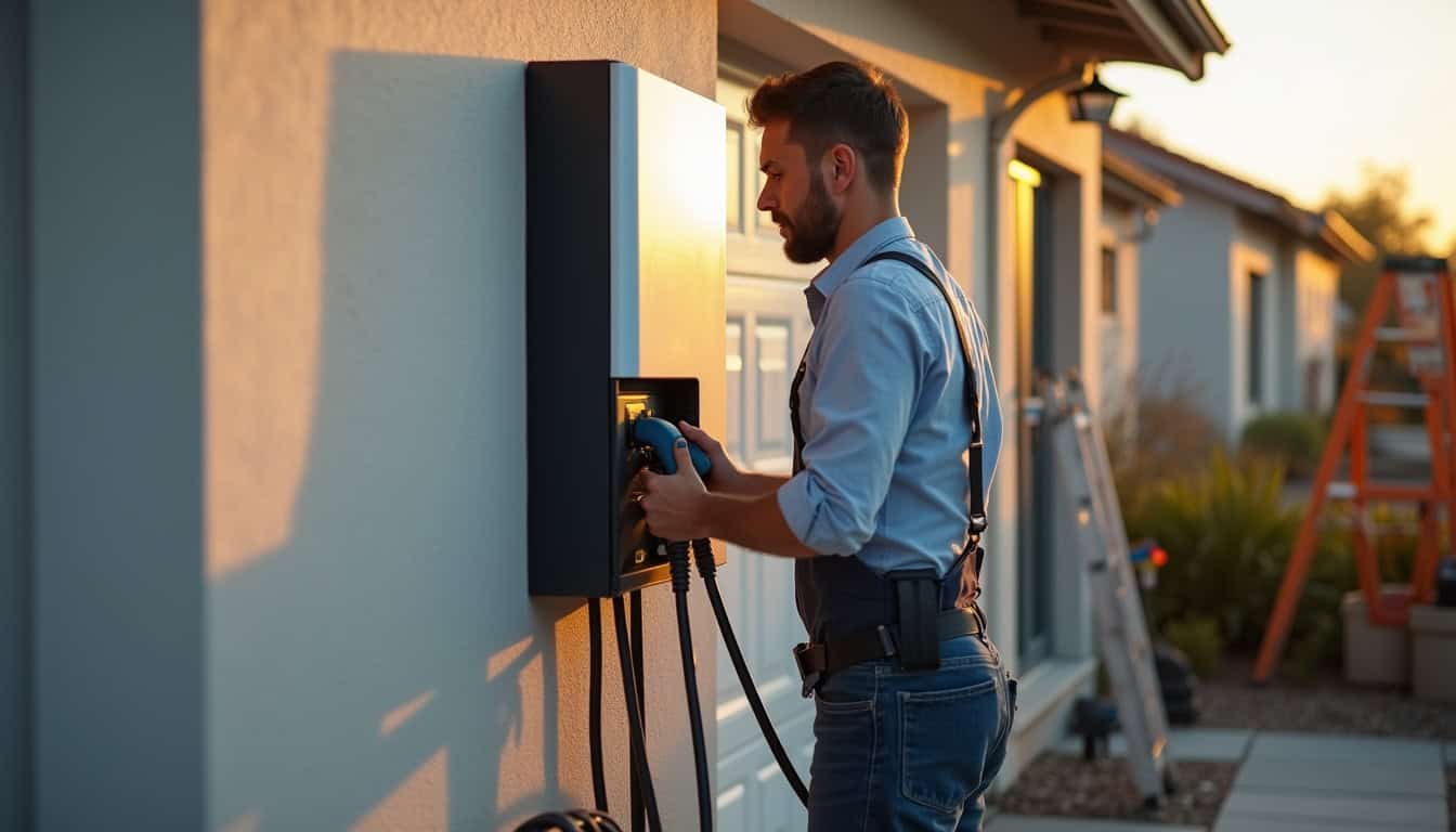 Électricien en train d'installer une borne de recharge pour véhicule électrique à Ossun