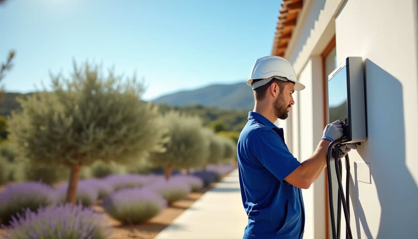 Électricien en train d'installer une borne de recharge pour véhicule électrique à Pertuis