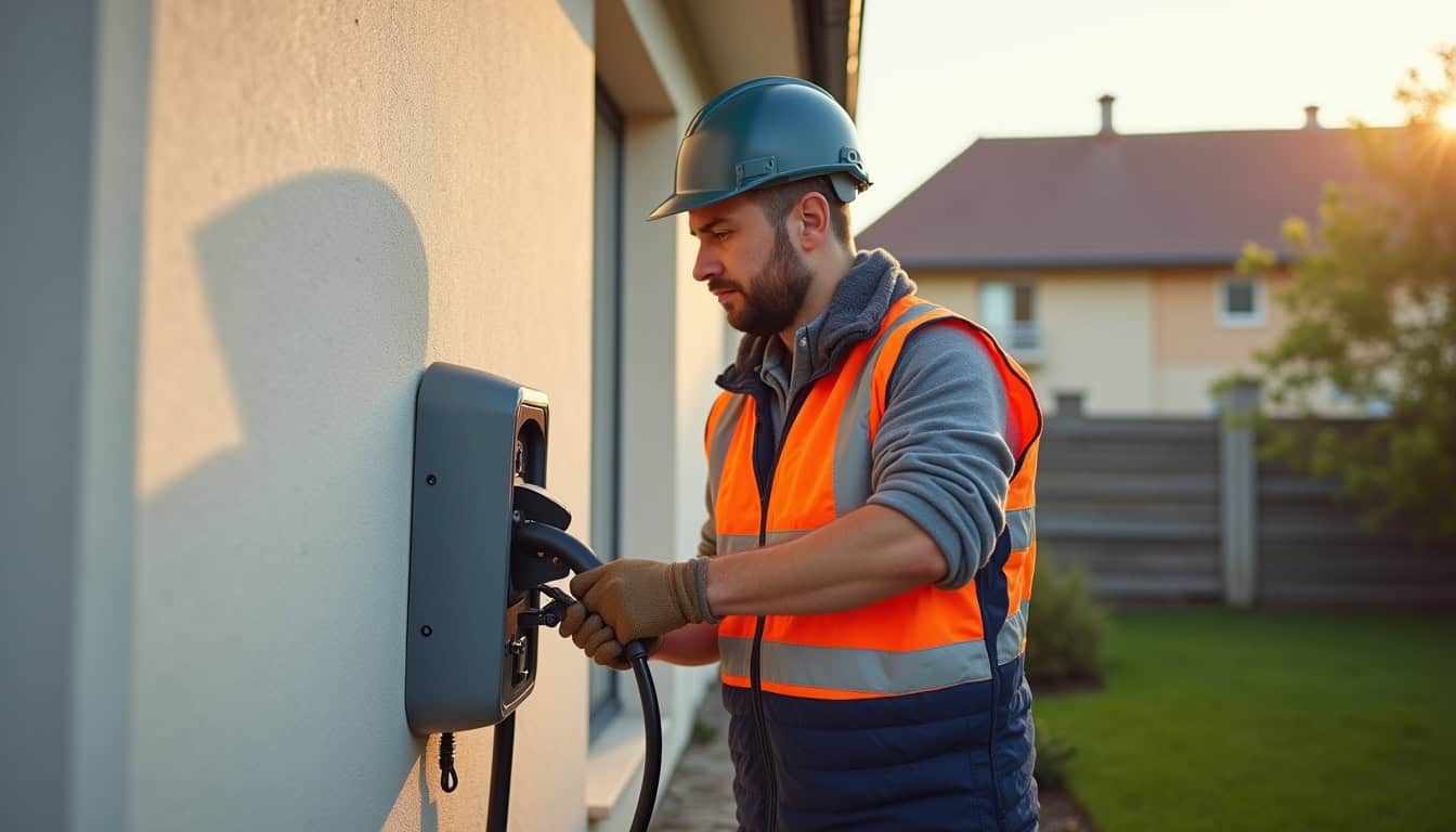 Électricien en train d'installer une borne de recharge pour véhicule électrique à Saint-Jean-de-Thouars