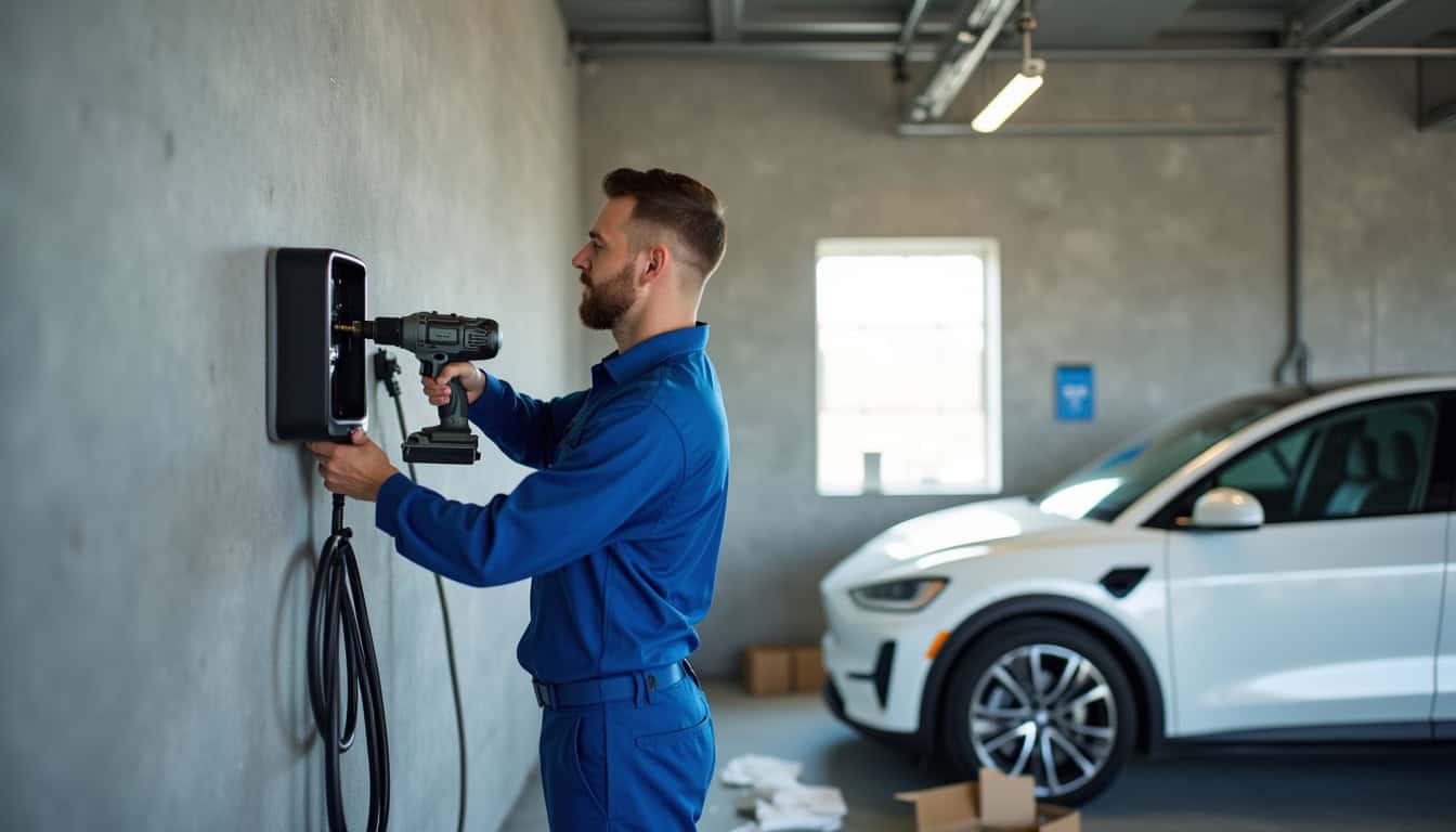 Électricien en train d'installer une borne de recharge pour véhicule électrique dans un garage à Cérilly
