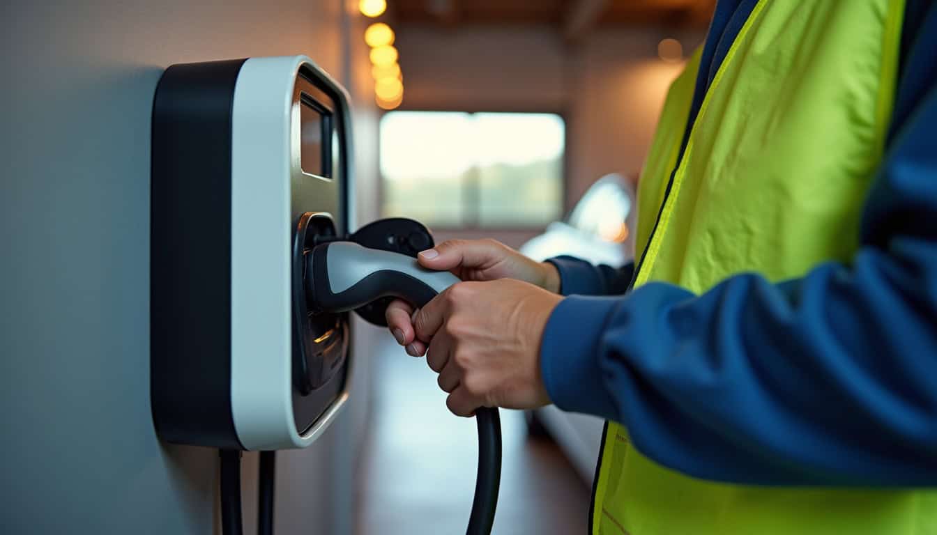 Électricien en train d'installer une borne de recharge pour véhicule électrique dans un garage
