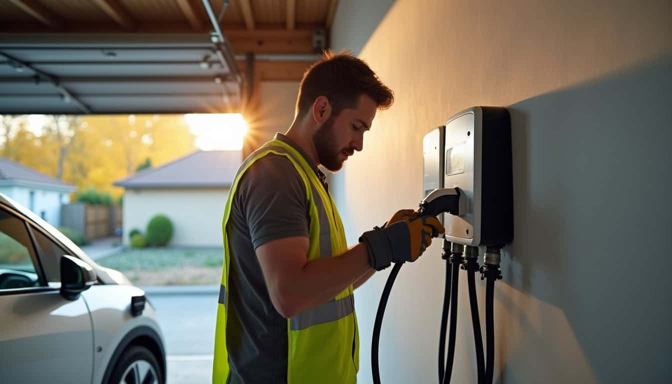 Électricien en train d'installer une borne de recharge pour véhicule électrique