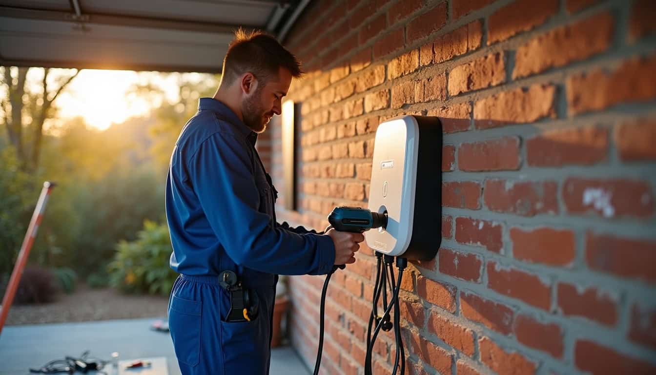Électricien en train d'installer une borne de recharge pour véhicule électrique