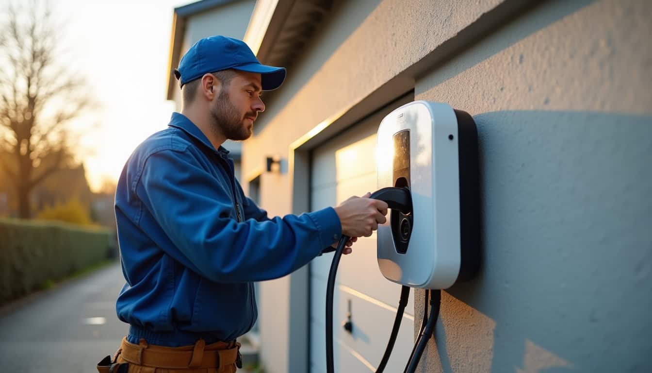 Électricien en train d'installer une borne de recharge pour voiture électrique à Villers-Cotterets
