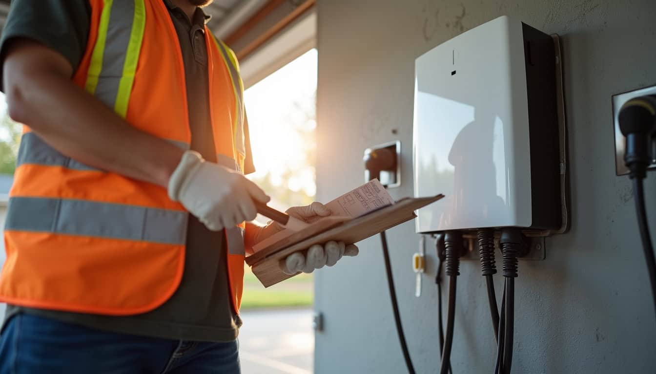Électricien en train d'installer une borne de recharge près du tableau électrique d'une maison