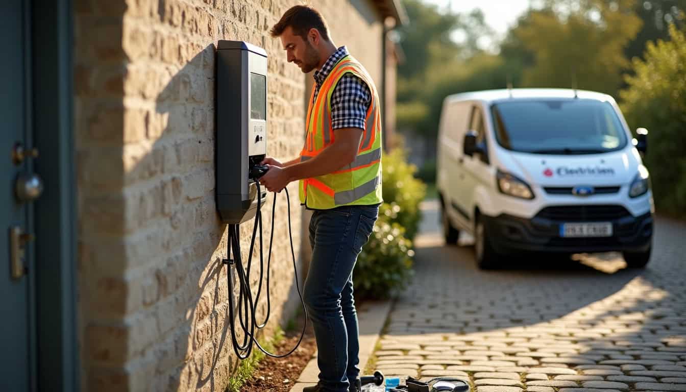 Électricien en train d'installer une borne de recharge sur un mur extérieur à Argentan