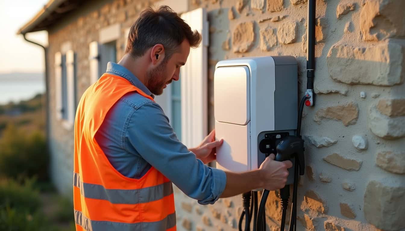 Électricien en train d'installer une borne de recharge sur un mur extérieur à Chauvé