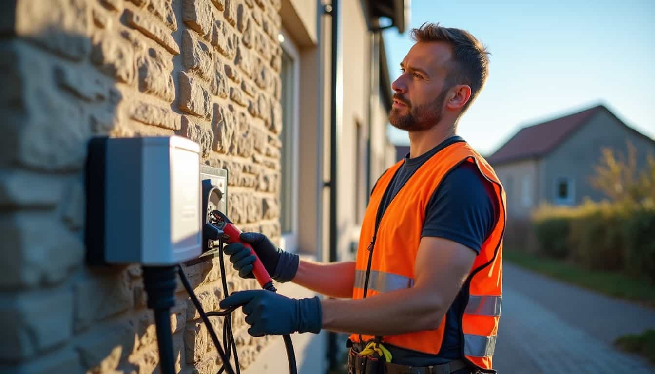 Électricien en train d’installer une borne de recharge sur un mur extérieur à Guern, avec outils et câblage en cours