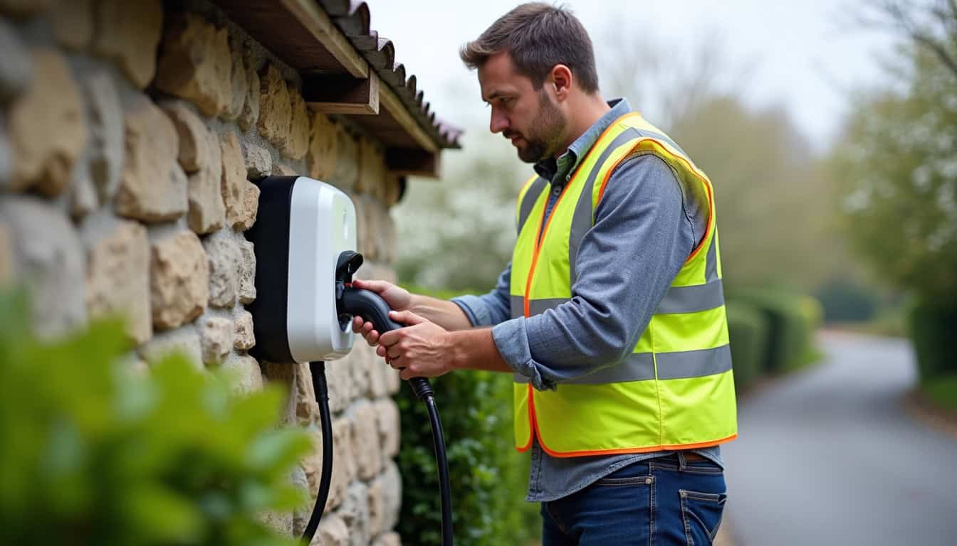Électricien en train d’installer une borne de recharge sur un mur extérieur à Nassandres-sur-Risle