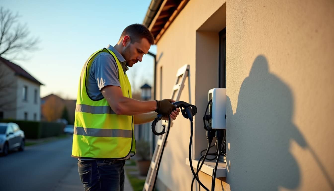 Électricien en train d’installer une borne de recharge sur un mur extérieur à Onesse-Laharie