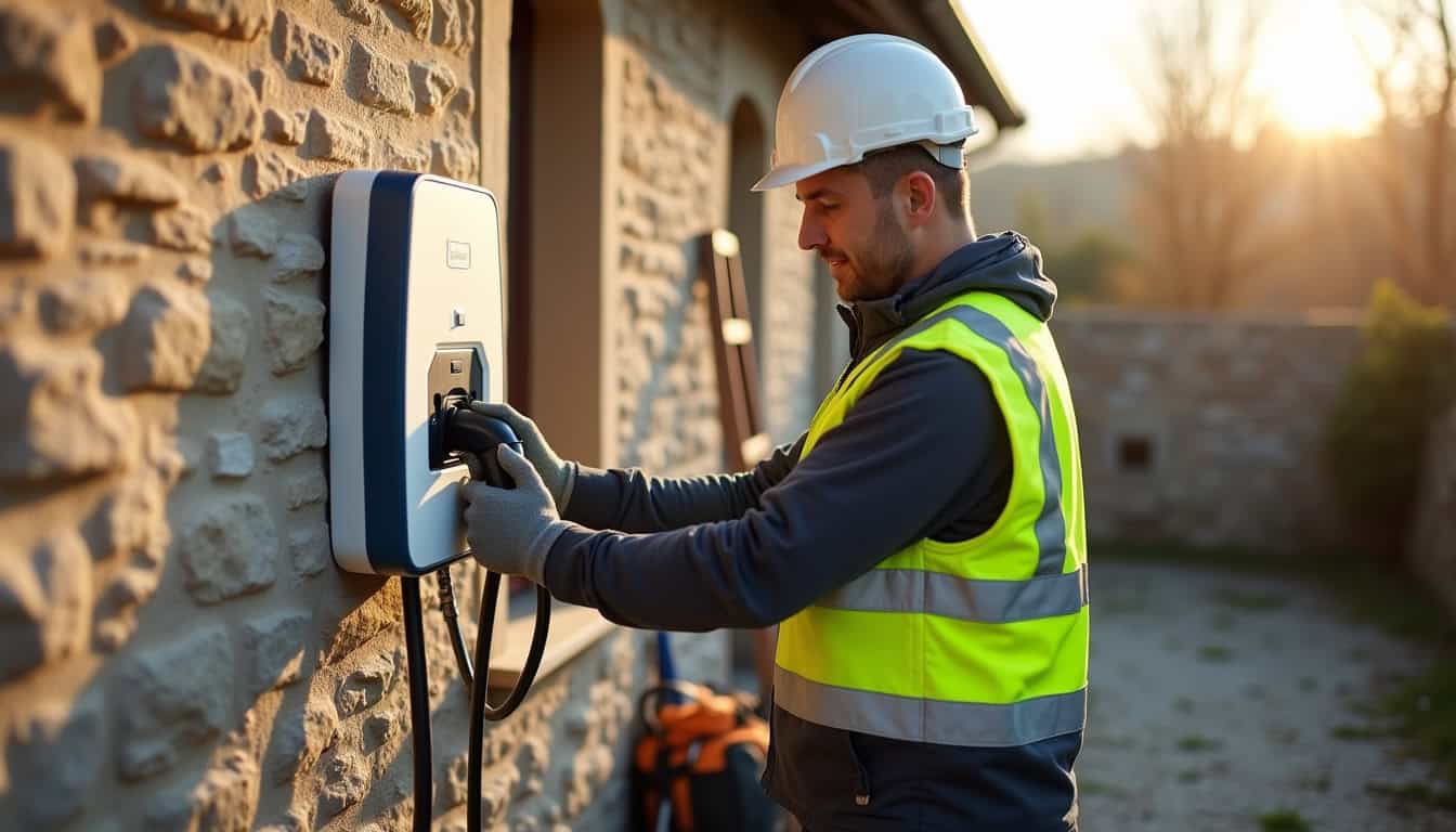 Électricien en train d'installer une borne de recharge sur un mur extérieur à Yvré-l'Évêque