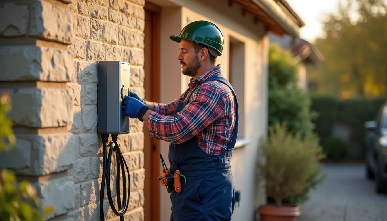 Électricien en train d'installer une borne de recharge sur un mur extérieur d'une maison à Salles-sur-Mer