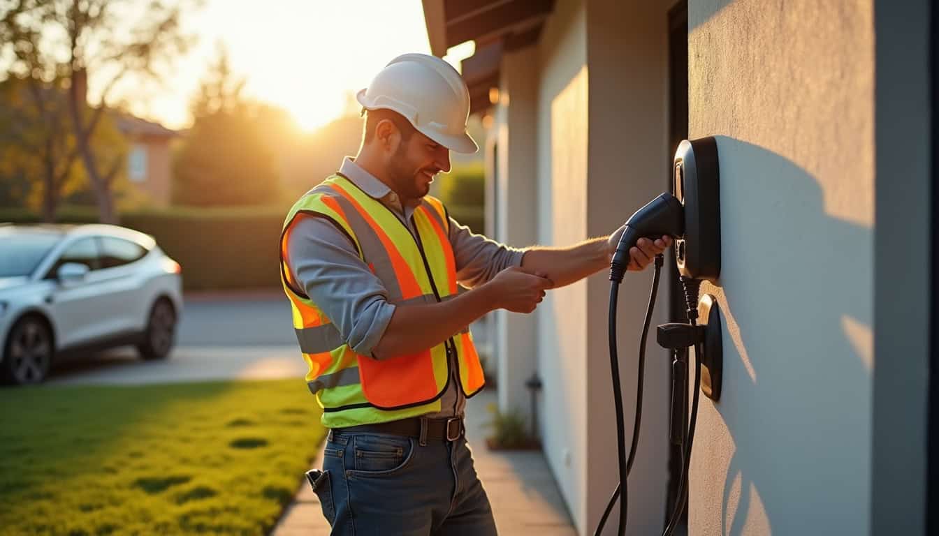 Électricien en train d'installer une borne de recharge sur un mur extérieur d'une maison individuelle