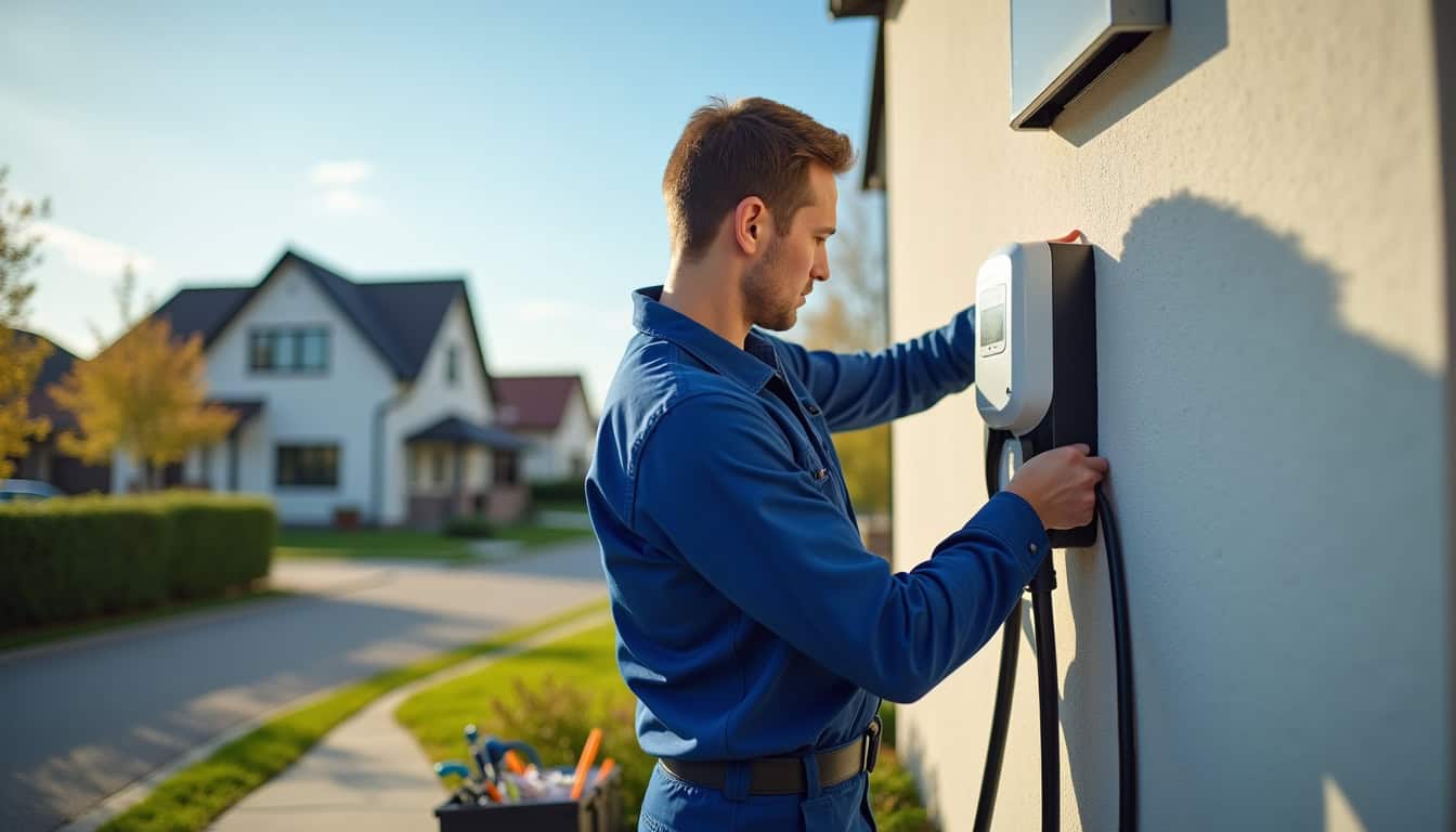 Électricien en train d'installer une borne de recharge sur un mur extérieur