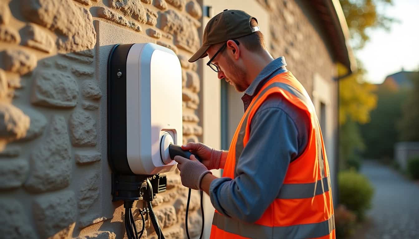 Électricien en train d’installer une borne de recharge sur un mur extérieur