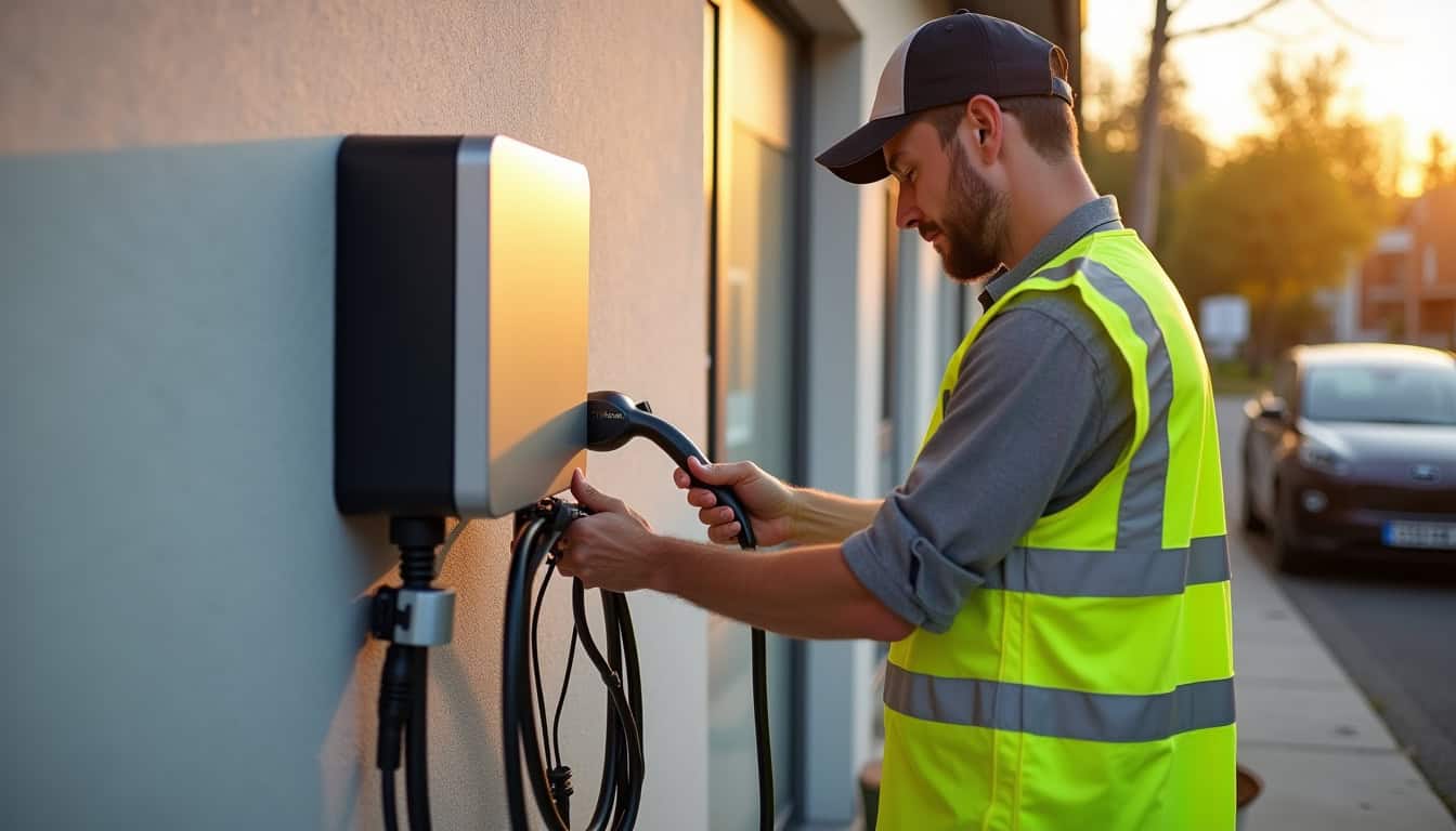 Électricien en train d'installer une borne de recharge sur un mur extérieur