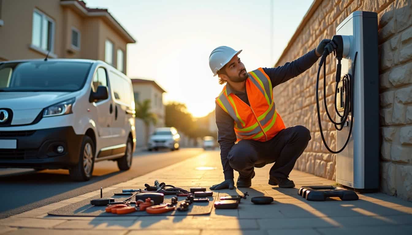 Électricien en train d’installer une borne électrique à Loyat, avec matériel professionnel et véhicule électrique sur place