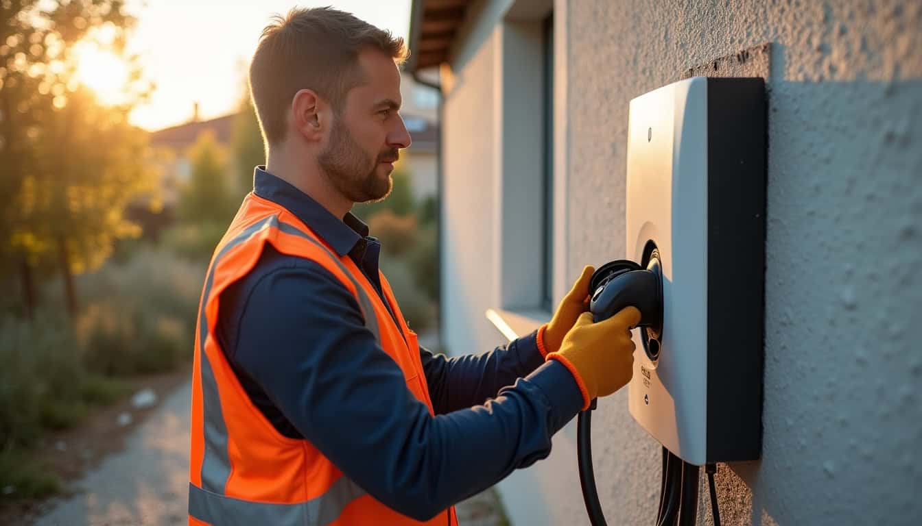 Électricien en train d'installer une borne électrique près d'un tableau électrique à Goupil-Othon