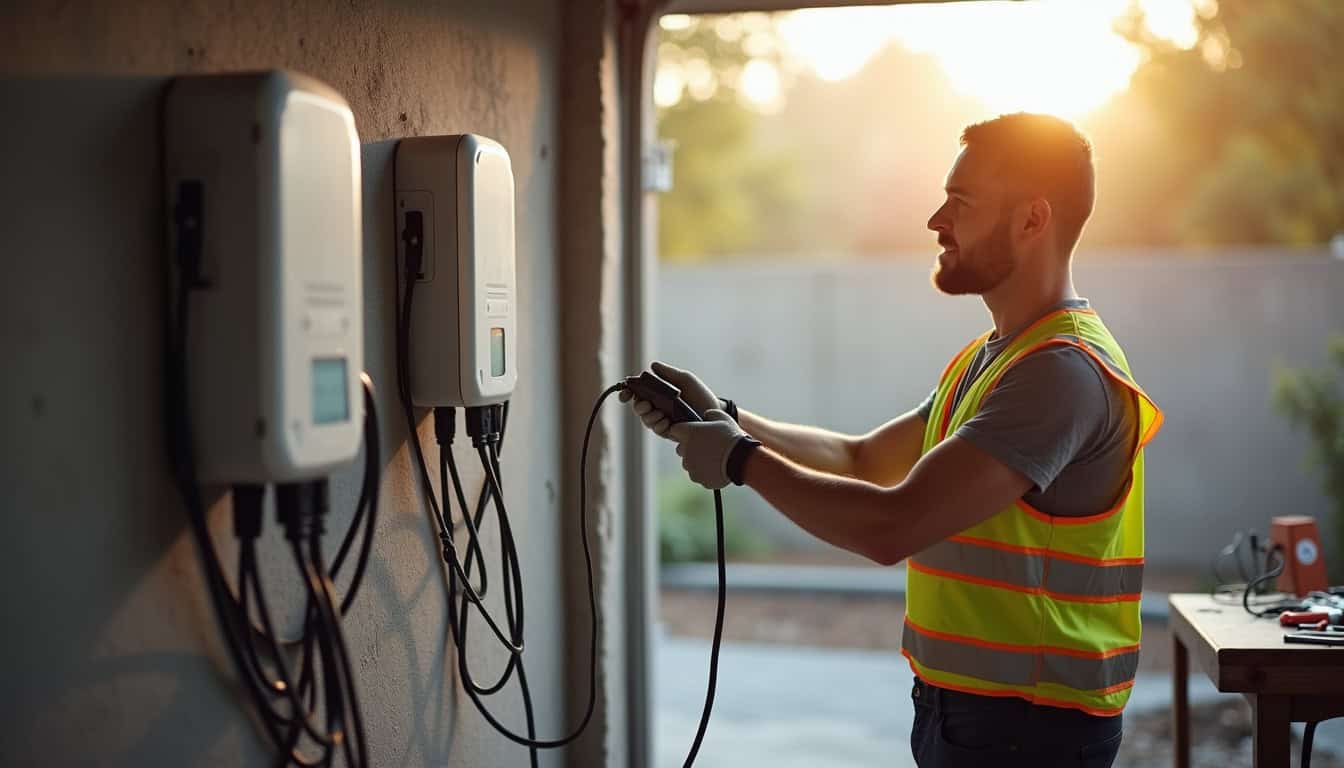 Électricien en train d’installer une wallbox dans un garage à Espondeilhan