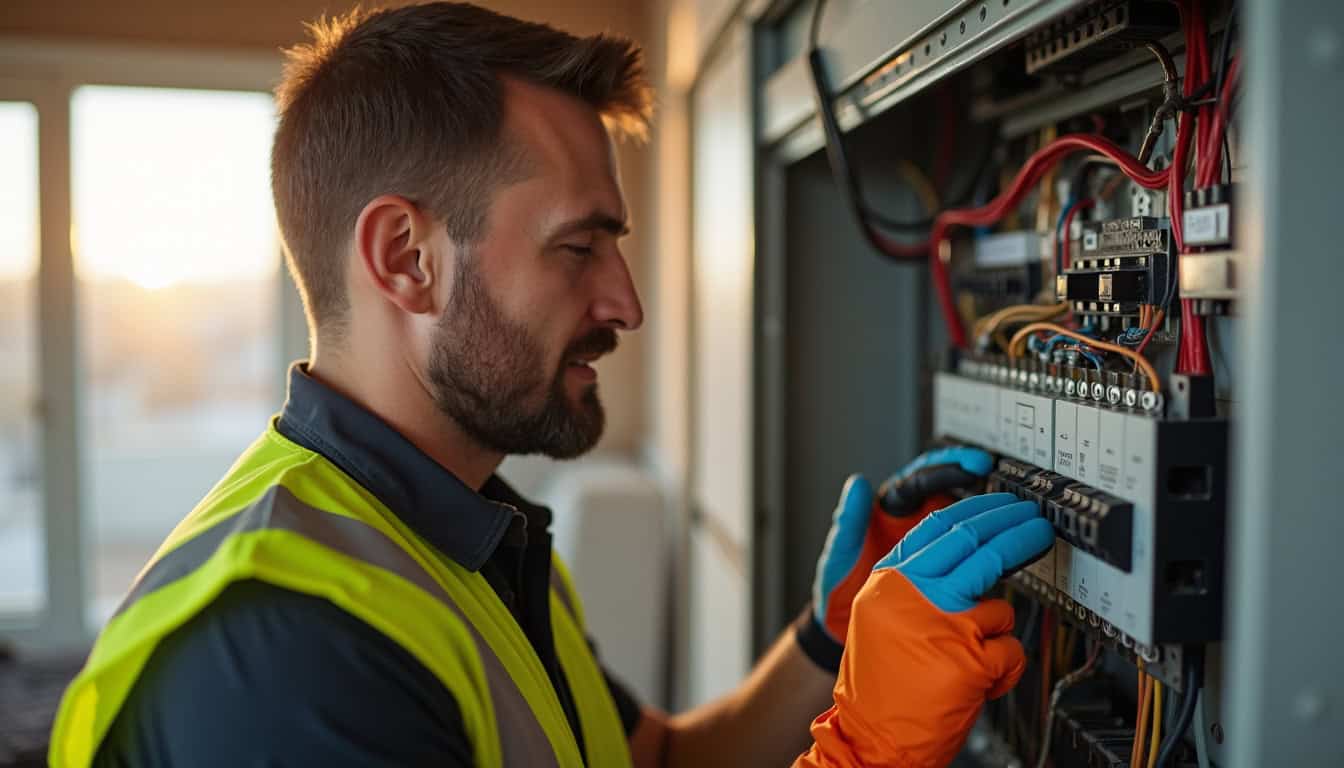 Électricien inspectant un tableau électrique avant l