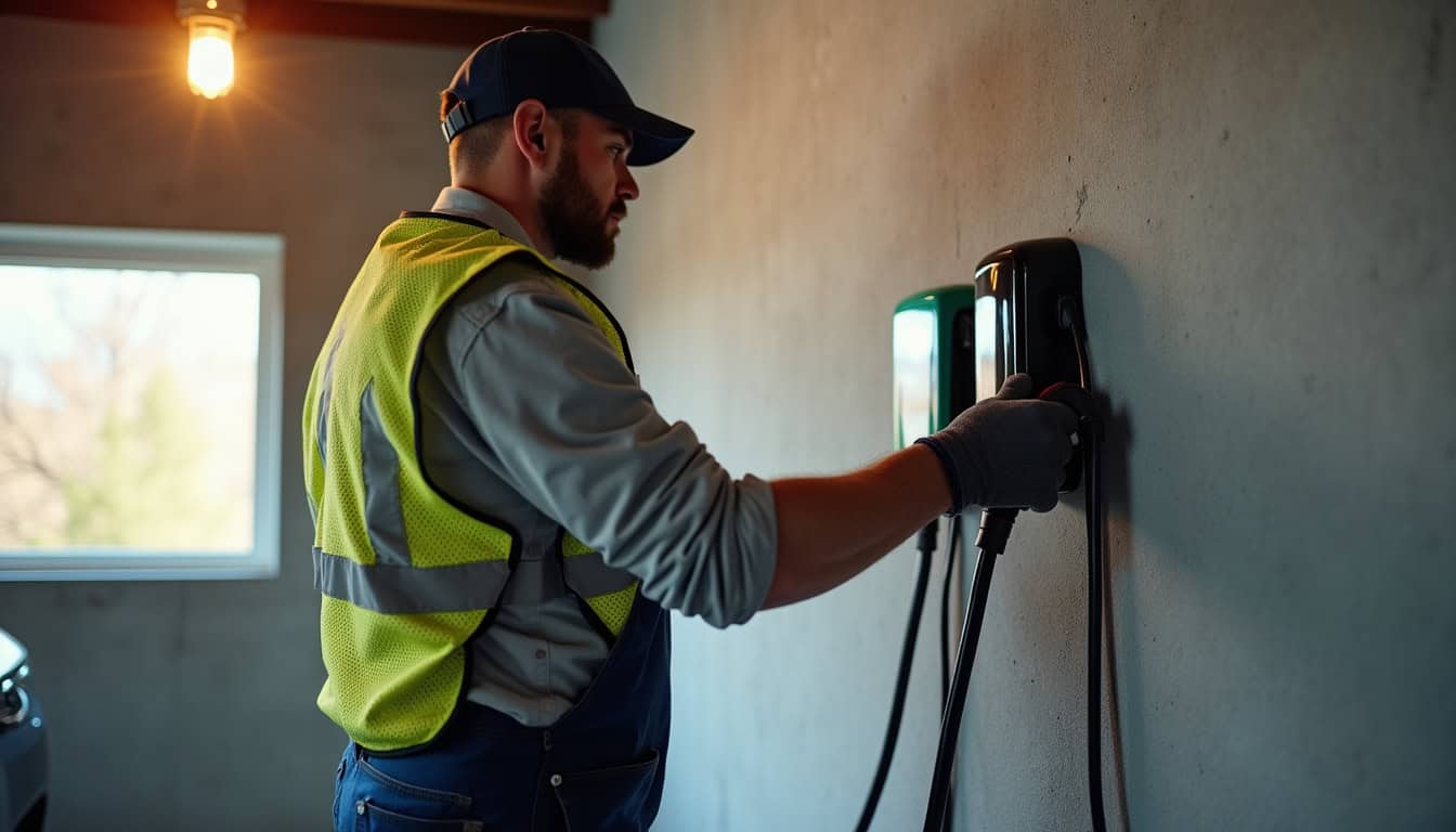 Électricien installant une borne de recharge avec câblage dédié dans un garage à Salviac