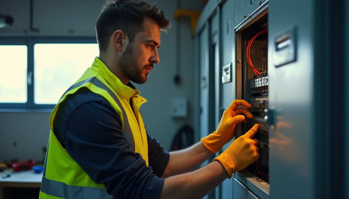 Électricien IRVE en train de vérifier un tableau électrique avant installation d'une borne