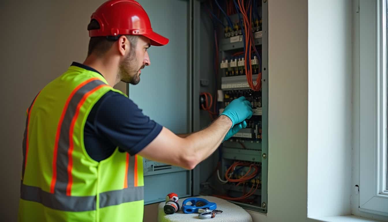 Électricien IRVE en train d'inspecter un tableau électrique à Bailleul avant installation de la borne