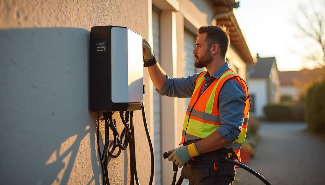 Électricien IRVE en train d'installer une borne de recharge à Beaussais-sur-Mer