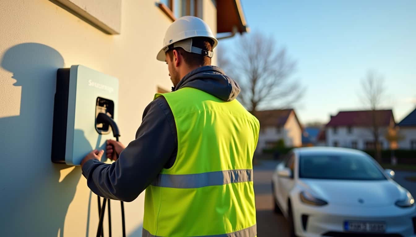 Électricien IRVE en train d'installer une borne de recharge à Knutange