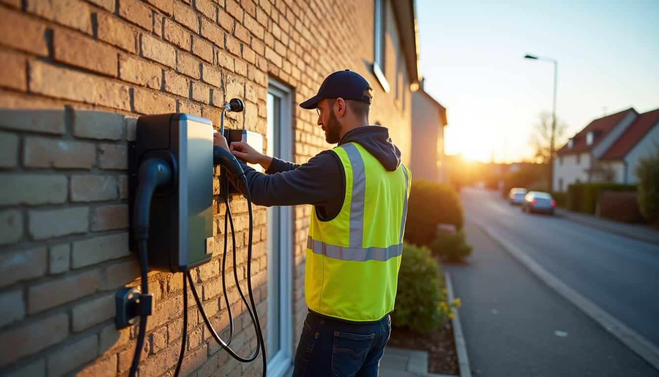 Électricien IRVE en train d'installer une borne de recharge à Lacroix-Saint-Ouen