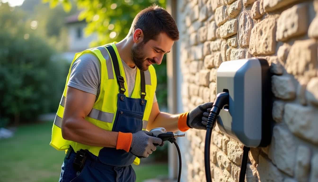 Électricien IRVE en train d'installer une borne de recharge à Theix-Noyalo