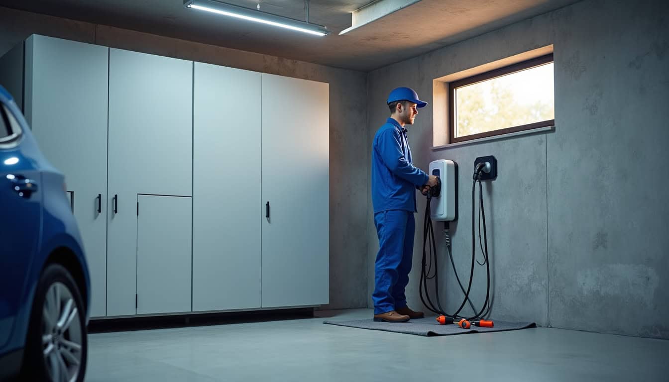 Électricien IRVE en train d'installer une borne de recharge dans un garage à Andlau