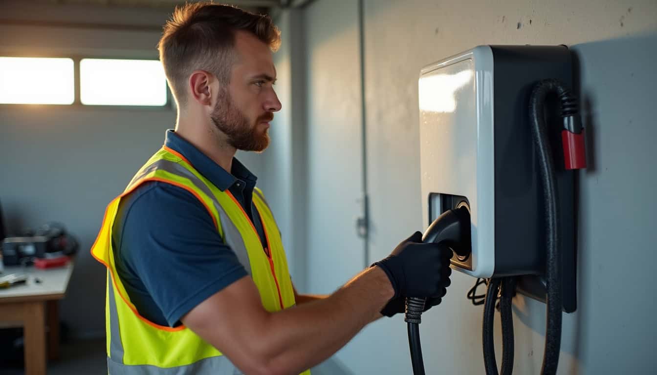 Électricien IRVE en train d’installer une borne de recharge dans un garage à Nailly