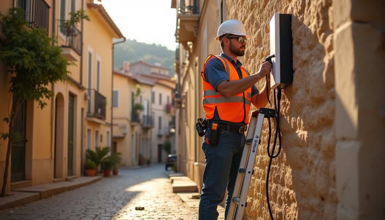 Électricien IRVE en train d'installer une borne de recharge pour véhicule électrique à Banyuls-dels-Aspres