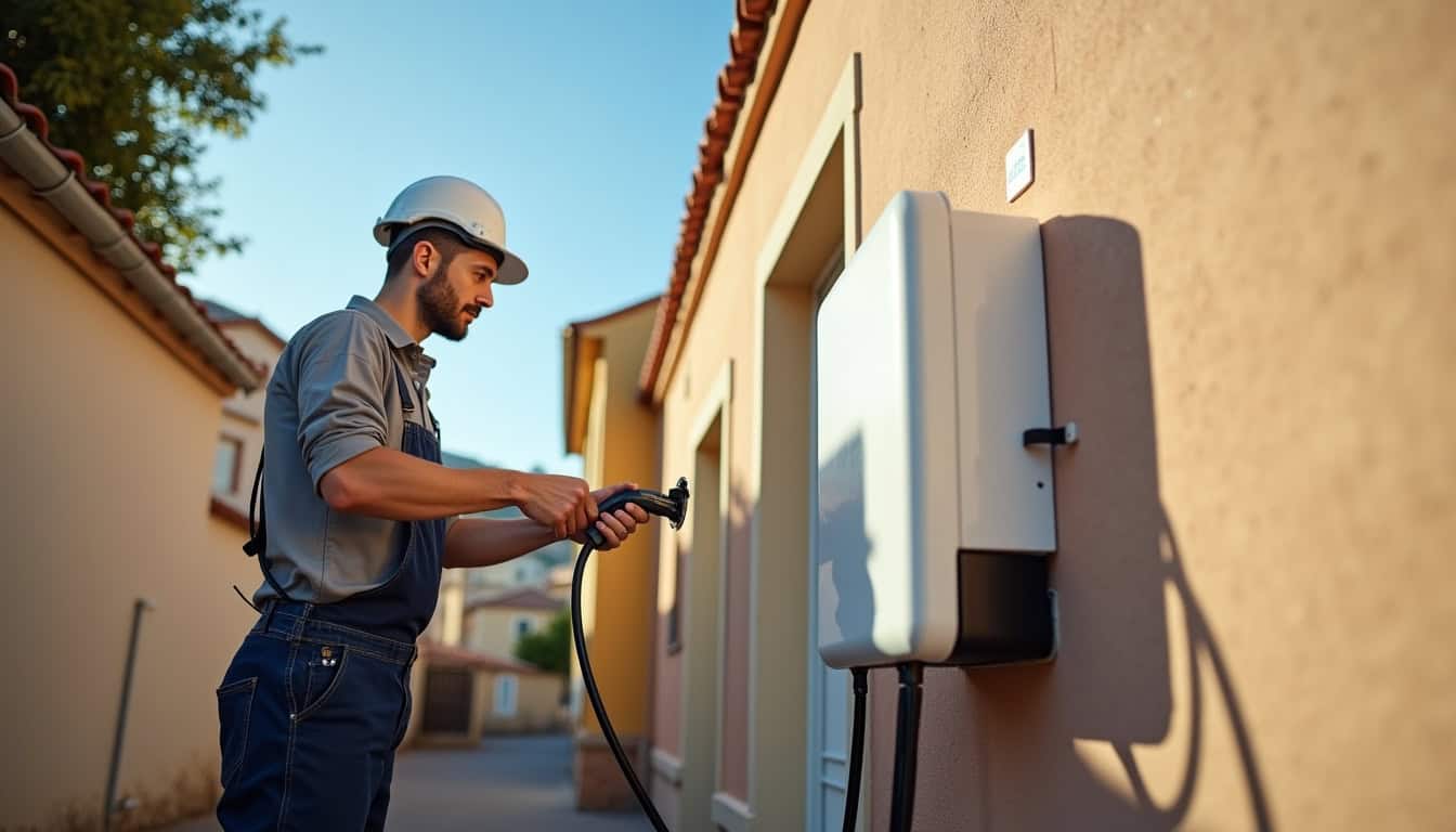 Électricien IRVE en train d'installer une borne de recharge sur un mur extérieur à Toulon